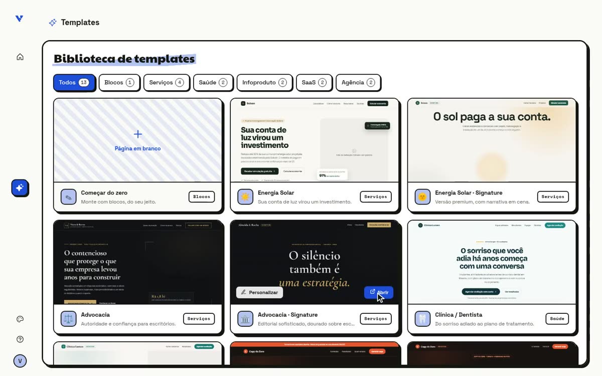 Templates do Vitrine, o SaaS de landing pages da Vortexi